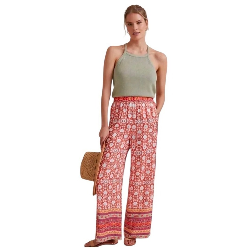 Anthropologie Size Medium Satiny Wide Leg Pants Pull On Floral Elastic W/ Pocket
